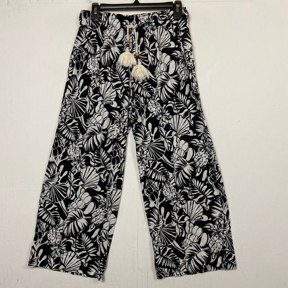 Nicole Miller Black Tropical Floral 100% Linen Boho Beachy Pants Size Medium